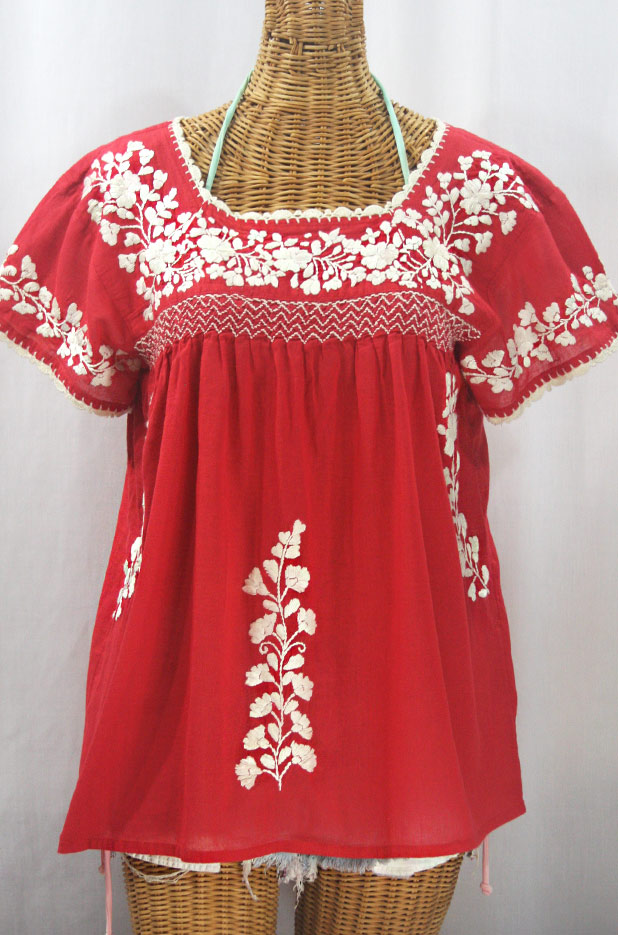 "La Marina Corta" Embroidered Mexican Peasant Blouse - Tomato Red + Cream