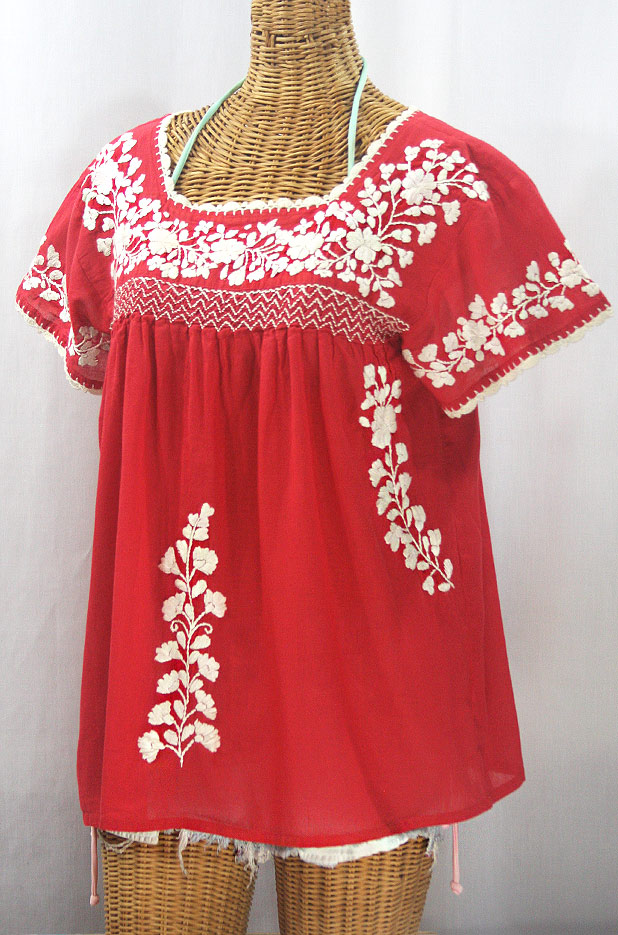 "La Marina Corta" Embroidered Mexican Peasant Blouse - Tomato Red + Cream