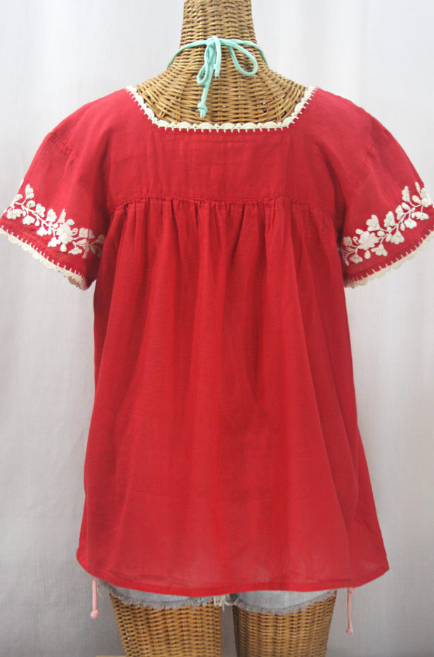 "La Marina Corta" Embroidered Mexican Peasant Blouse - Tomato Red + Cream