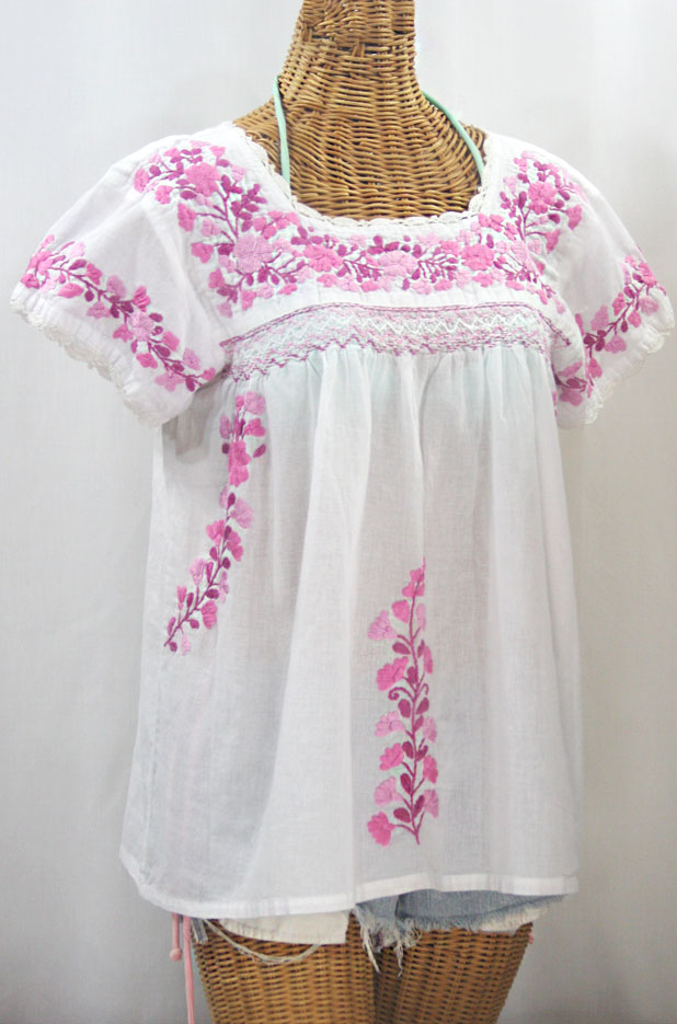 "La Marina Corta" Embroidered Mexican Peasant Blouse - White + Berry Mix