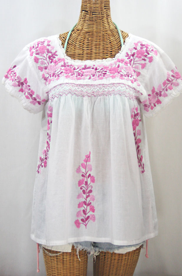 "La Marina Corta" Embroidered Mexican Peasant Blouse - White + Berry Mix