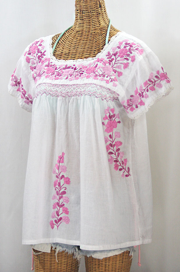 "La Marina Corta" Embroidered Mexican Peasant Blouse - White + Berry Mix