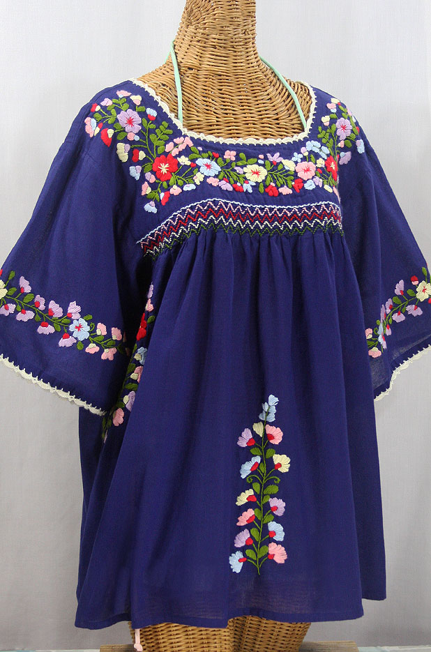 "La Marina" Embroidered Mexican Peasant Blouse -Denim + Multi + Ivory Trim