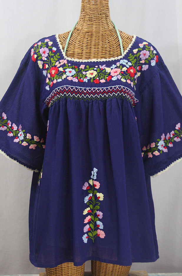 "La Marina" Embroidered Mexican Peasant Blouse -Denim + Multi + Ivory Trim