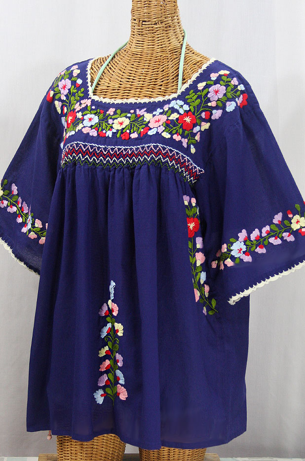 "La Marina" Embroidered Mexican Peasant Blouse -Denim + Multi + Ivory Trim