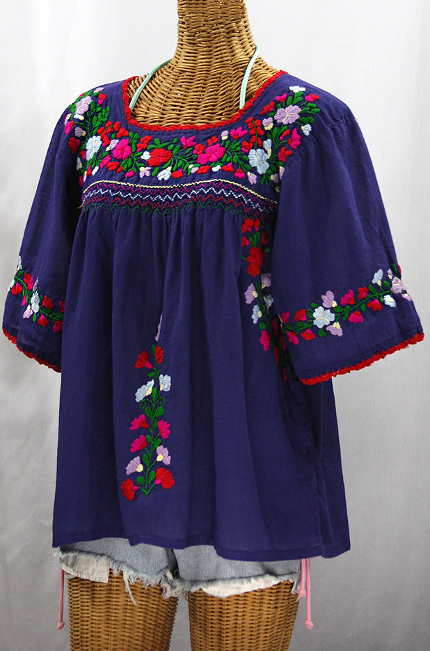 "La Marina" Embroidered Mexican Peasant Blouse -Denim + Bright Multi