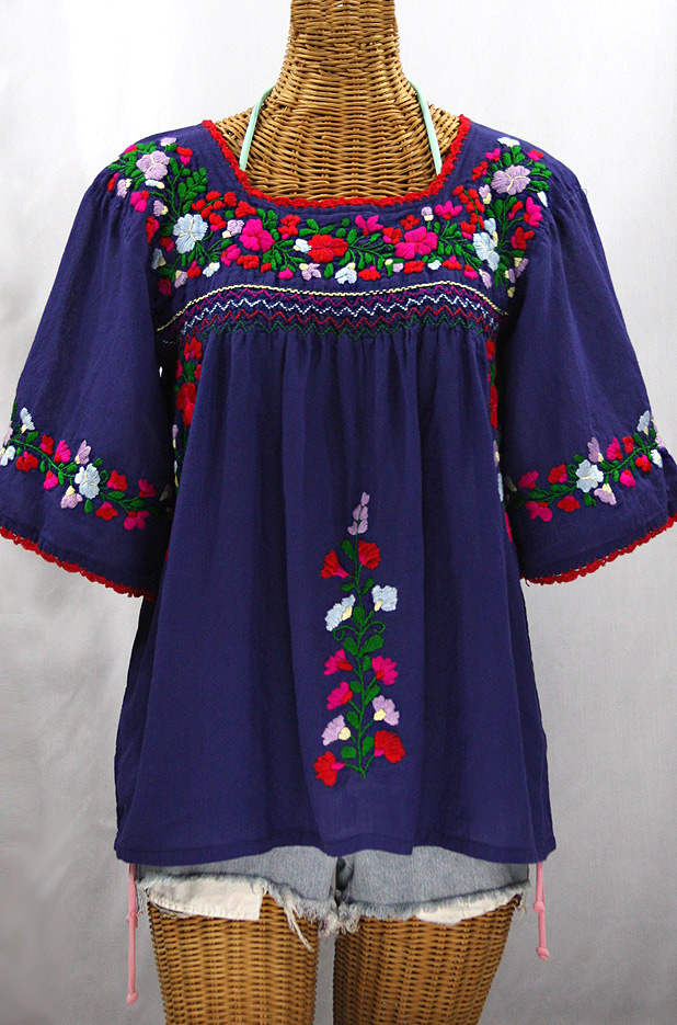 "La Marina" Embroidered Mexican Peasant Blouse -Denim + Bright Multi