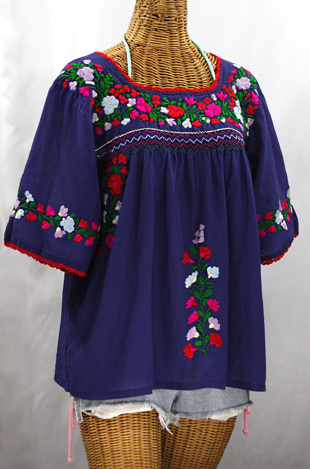 "La Marina" Embroidered Mexican Peasant Blouse -Denim + Bright Multi