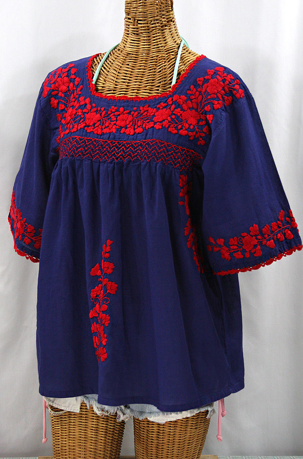 "La Marina" Embroidered Mexican Peasant Blouse - Denim + Red