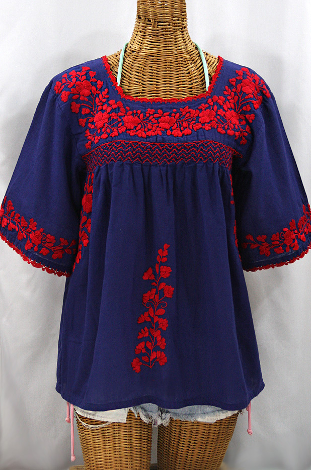 "La Marina" Embroidered Mexican Peasant Blouse - Denim + Red