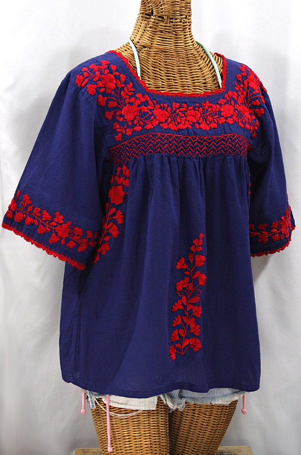 "La Marina" Embroidered Mexican Peasant Blouse - Denim + Red