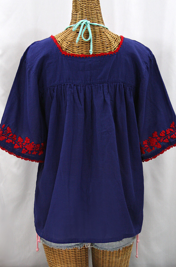 "La Marina" Embroidered Mexican Peasant Blouse - Denim + Red