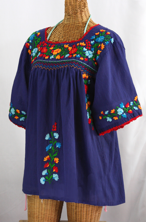 "La Marina" Embroidered Mexican Peasant Blouse -Denim + Fiesta