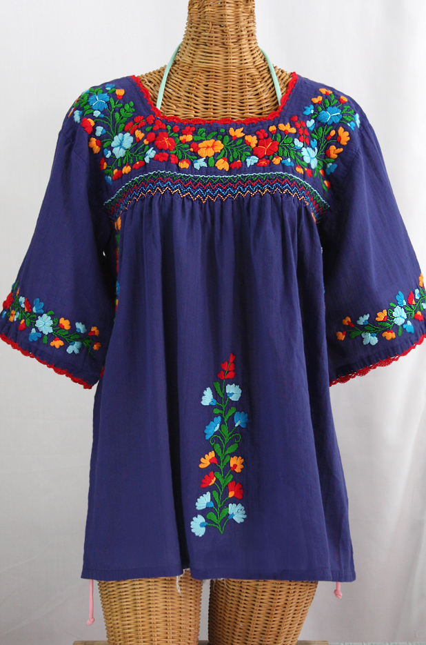 "La Marina" Embroidered Mexican Peasant Blouse -Denim + Fiesta