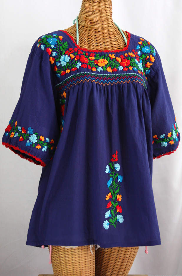 "La Marina" Embroidered Mexican Peasant Blouse -Denim + Fiesta