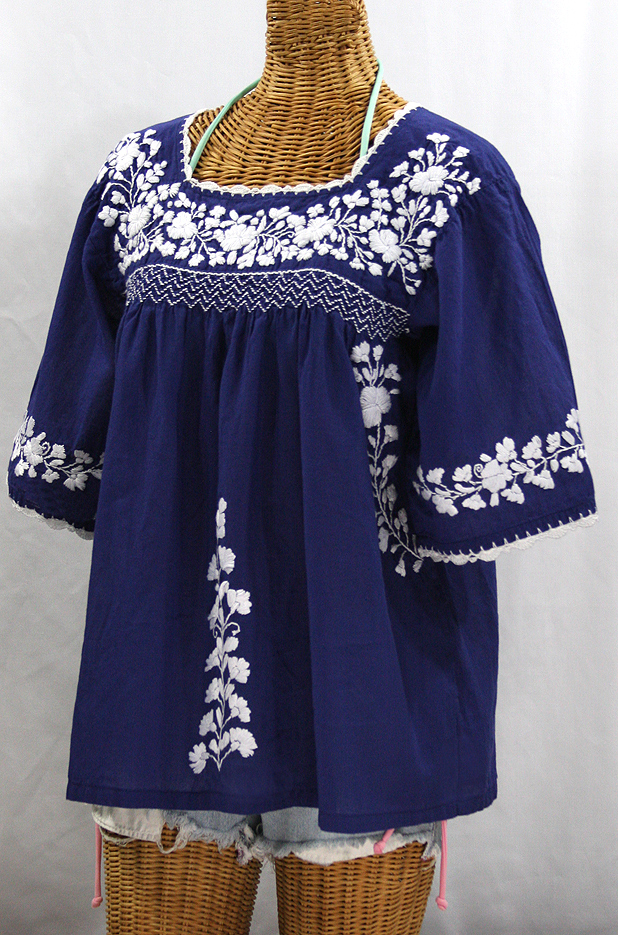 "La Marina" Embroidered Mexican Peasant Blouse -Denim Blue + White Embroidery