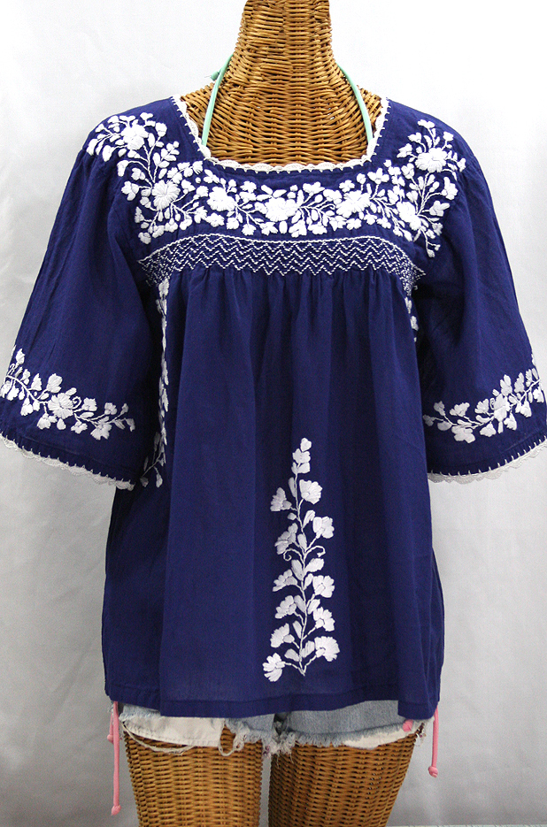 "La Marina" Embroidered Mexican Peasant Blouse -Denim Blue + White Embroidery