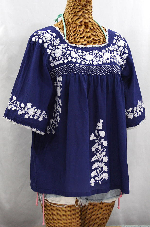 "La Marina" Embroidered Mexican Peasant Blouse -Denim Blue + White Embroidery