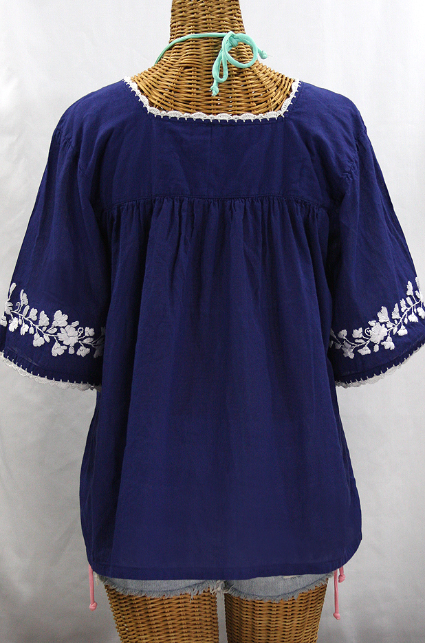 "La Marina" Embroidered Mexican Peasant Blouse -Denim Blue + White Embroidery