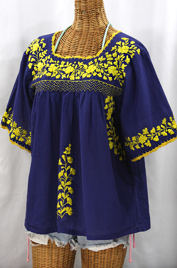 "La Marina" Embroidered Mexican Peasant Blouse - Denim + Yellow