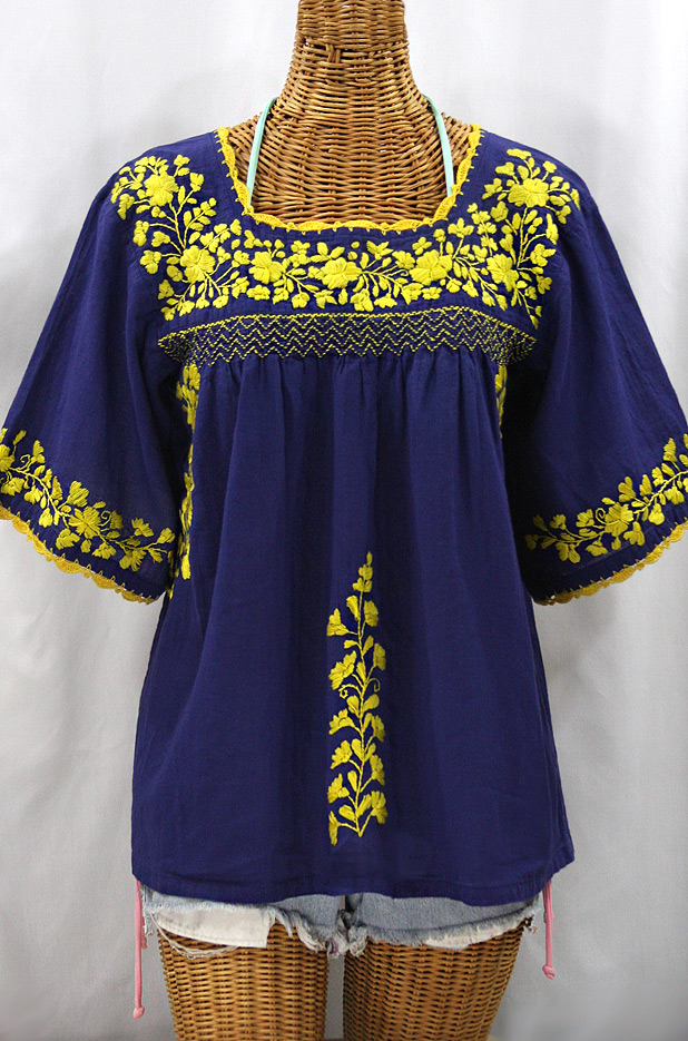 "La Marina" Embroidered Mexican Peasant Blouse - Denim + Yellow