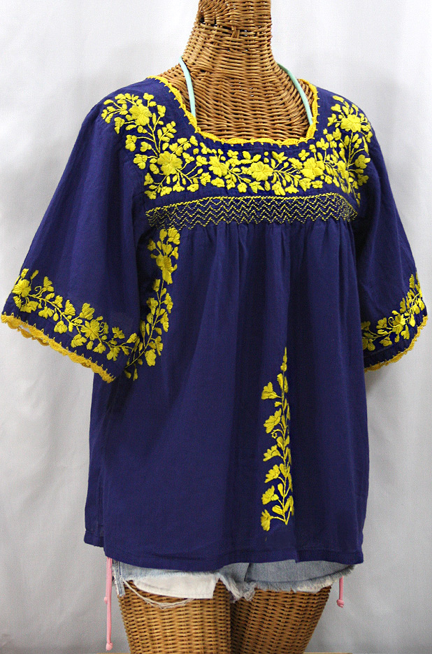 "La Marina" Embroidered Mexican Peasant Blouse - Denim + Yellow