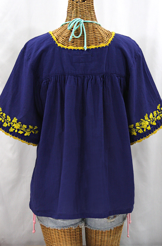 "La Marina" Embroidered Mexican Peasant Blouse - Denim + Yellow