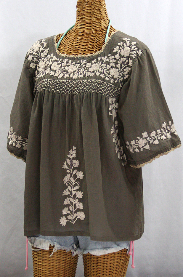 "La Marina" Embroidered Mexican Peasant Blouse - Taupe + Cream Embroidery