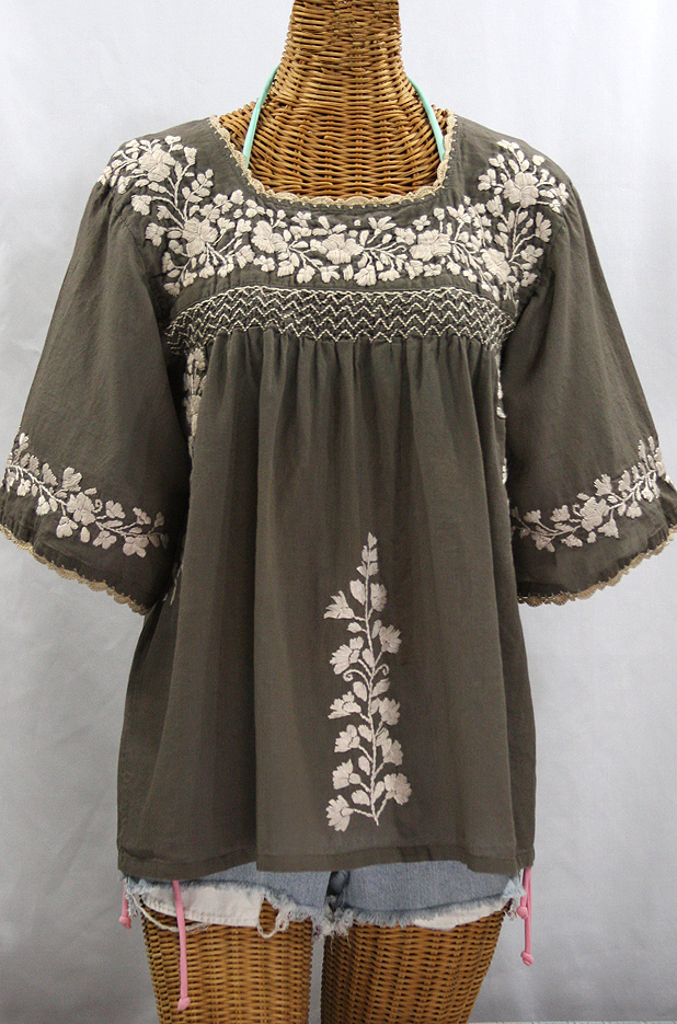 "La Marina" Embroidered Mexican Peasant Blouse - Taupe + Cream Embroidery