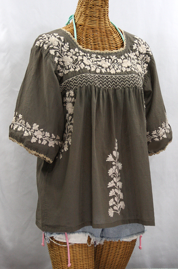 "La Marina" Embroidered Mexican Peasant Blouse - Fog Grey + Cream Embroidery