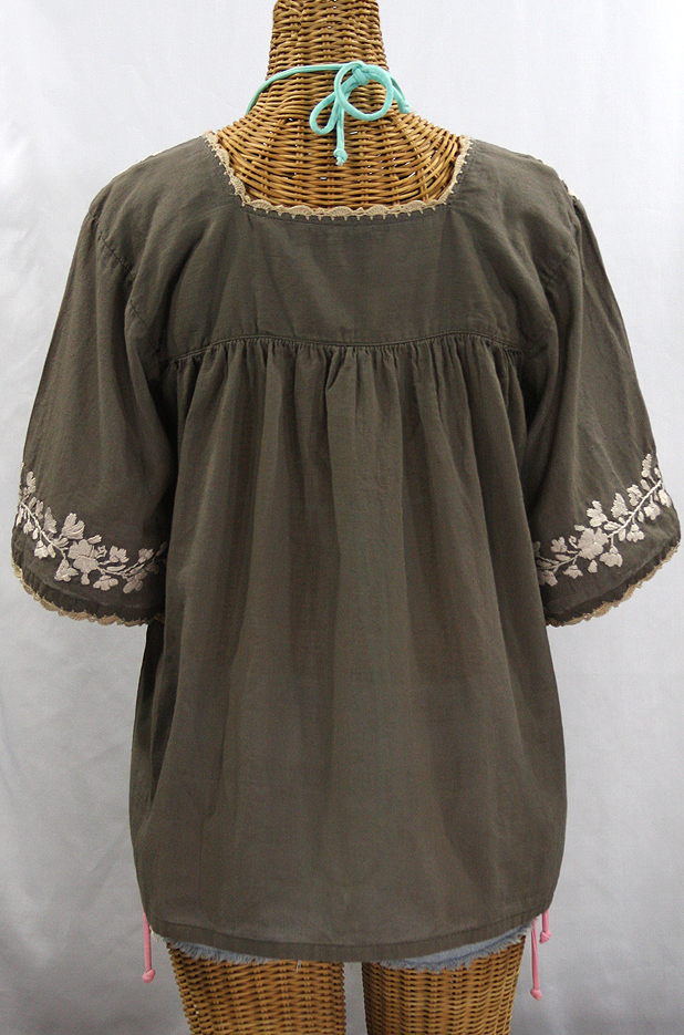 "La Marina" Embroidered Mexican Peasant Blouse - Taupe + Cream Embroidery