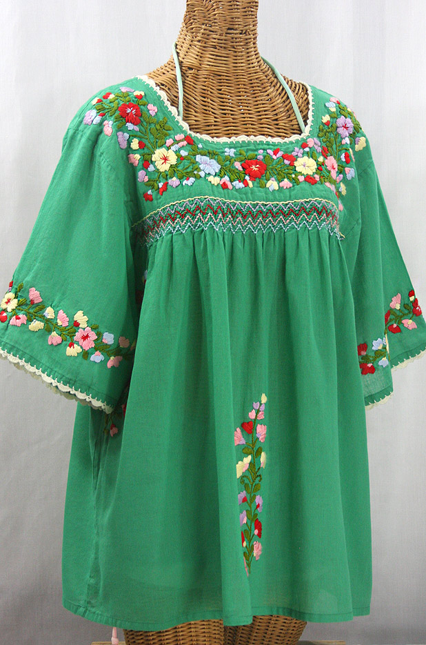 "La Marina" Embroidered Mexican Peasant Blouse -Green + Multi + Ivory Trim