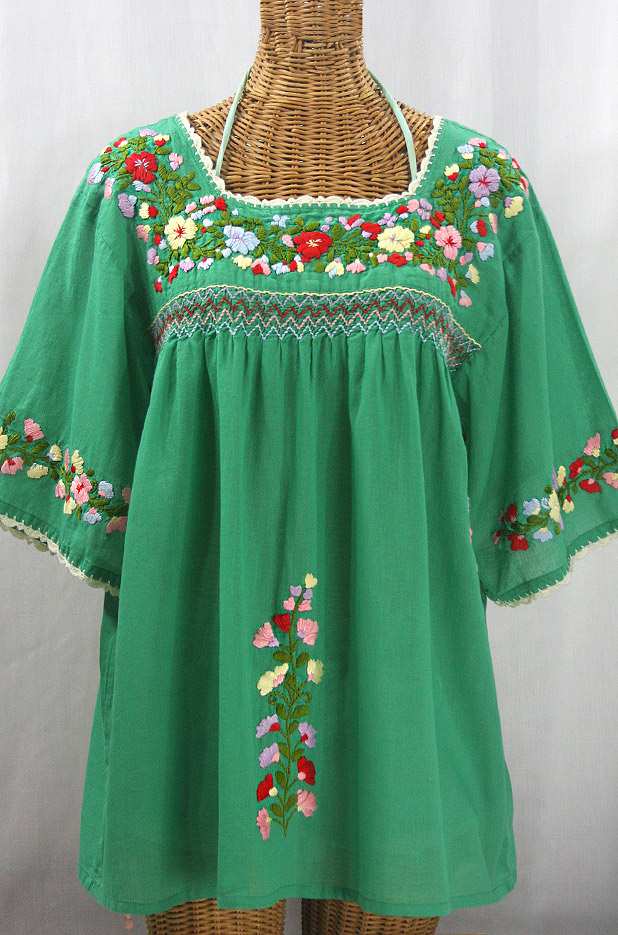 "La Marina" Embroidered Mexican Peasant Blouse -Green + Multi + Ivory Trim