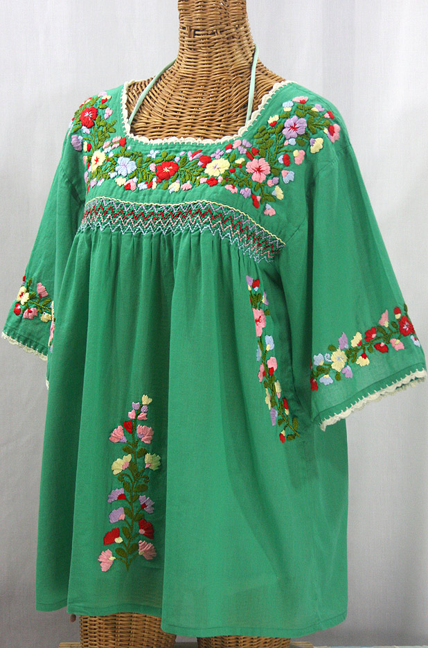 "La Marina" Embroidered Mexican Peasant Blouse -Green + Multi + Ivory Trim