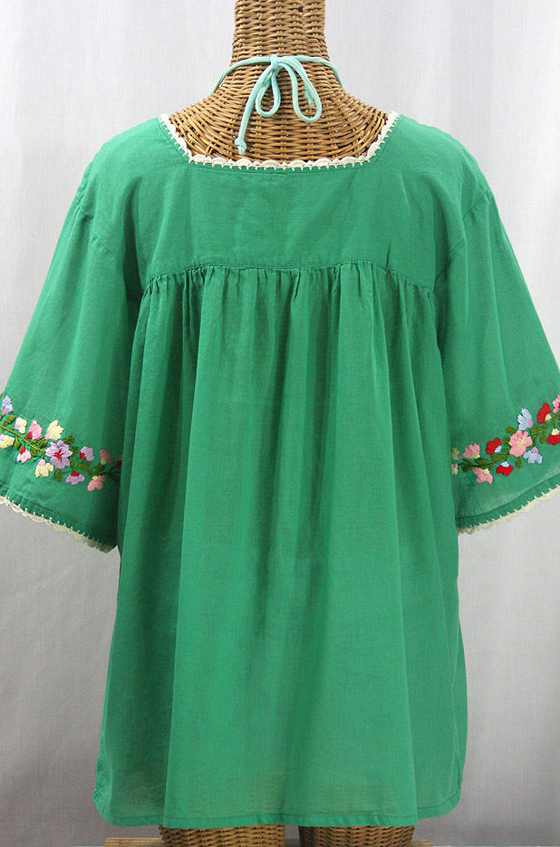 "La Marina" Embroidered Mexican Peasant Blouse -Green + Multi + Ivory Trim