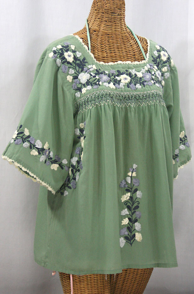 "La Marina" Embroidered Mexican Peasant Blouse - Sage Green + Grey Mix Embroidery
