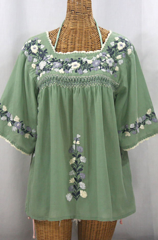 "La Marina" Embroidered Mexican Peasant Blouse - Sage Green + Grey Mix Embroidery