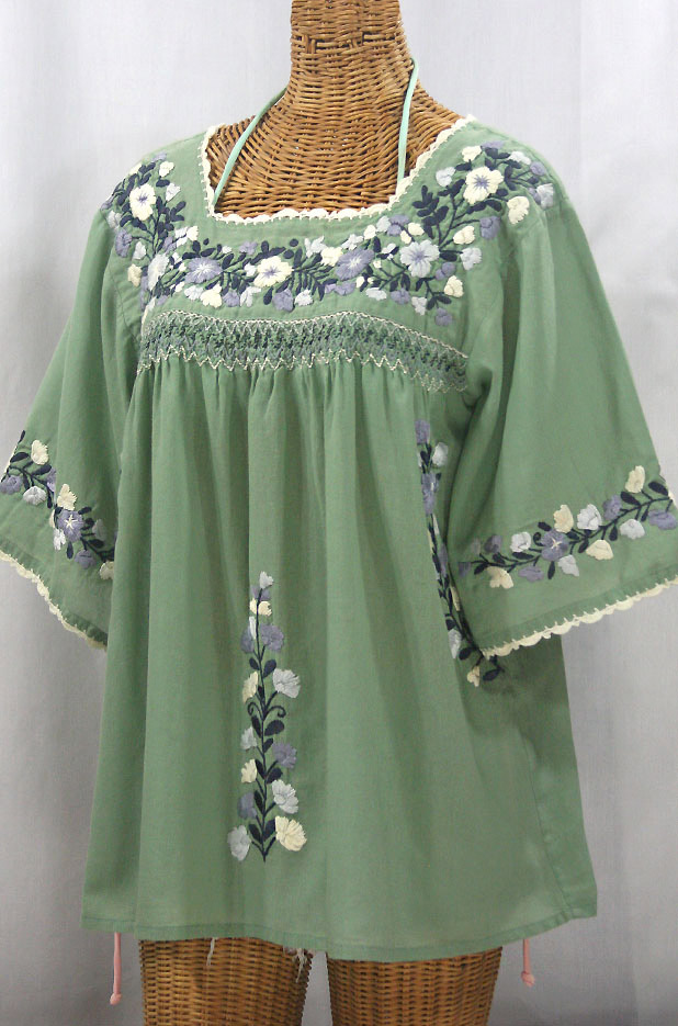 "La Marina" Embroidered Mexican Peasant Blouse - Sage Green + Grey Mix Embroidery