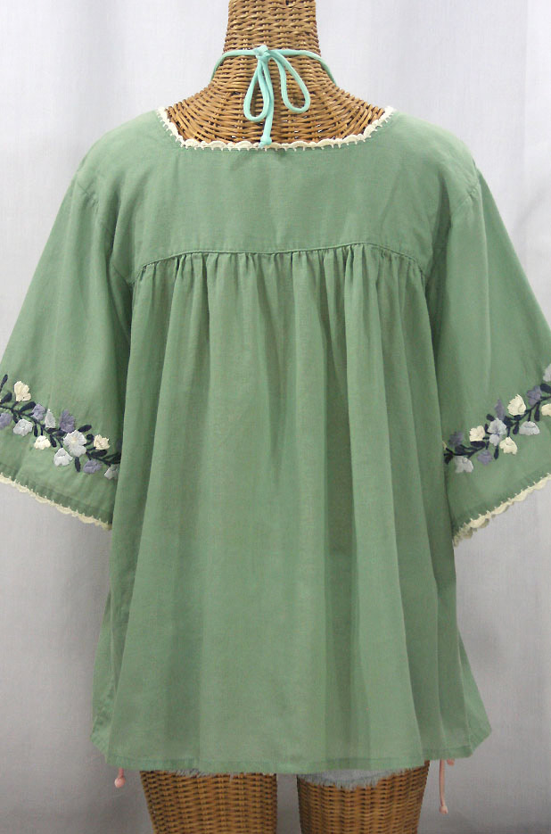 "La Marina" Embroidered Mexican Peasant Blouse - Sage Green + Grey Mix Embroidery