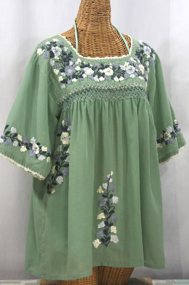 "La Marina" Embroidered Mexican Peasant Blouse - Sage Green + Grey Mix Embroidery