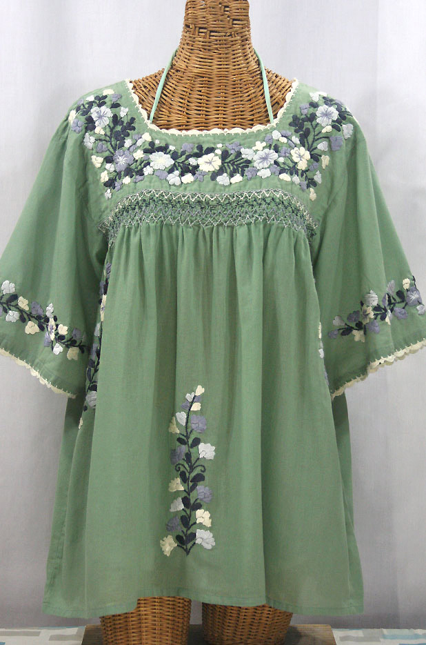 "La Marina" Embroidered Mexican Peasant Blouse - Sage Green + Grey Mix Embroidery