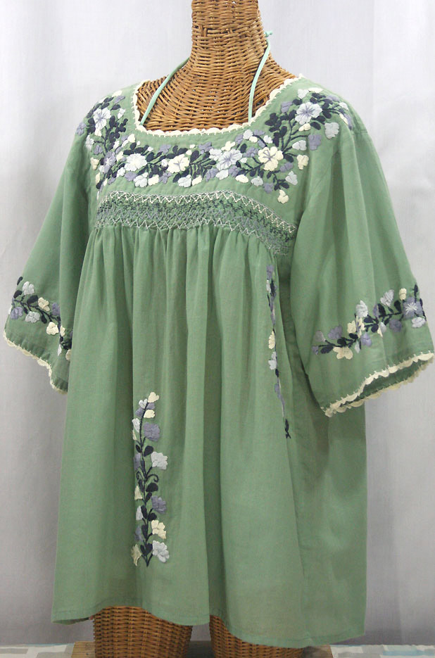 "La Marina" Embroidered Mexican Peasant Blouse - Sage Green + Grey Mix Embroidery