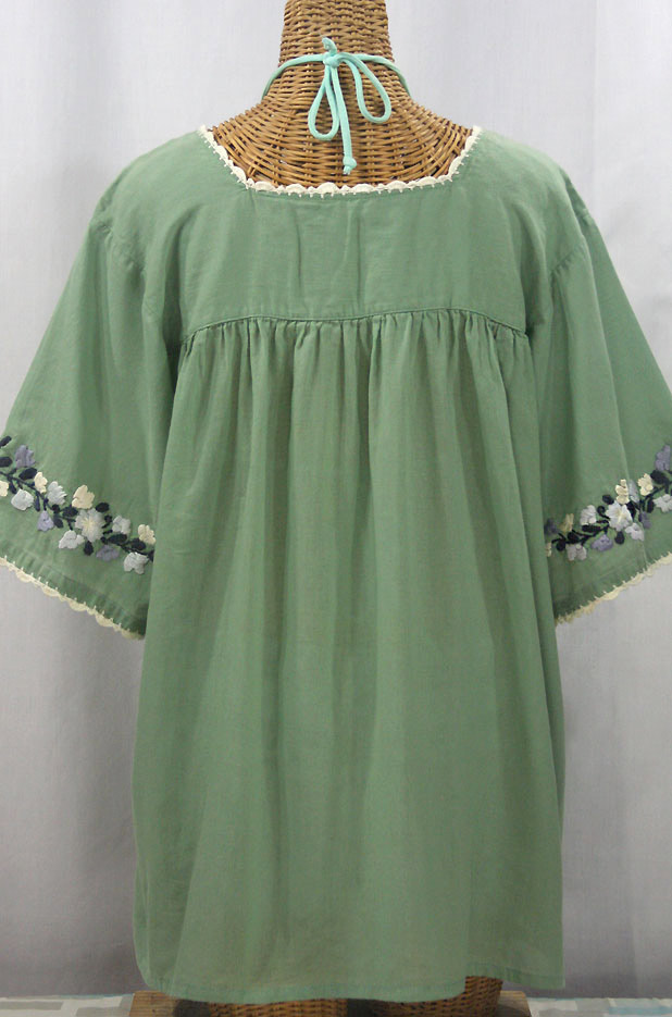 "La Marina" Embroidered Mexican Peasant Blouse - Sage Green + Grey Mix Embroidery