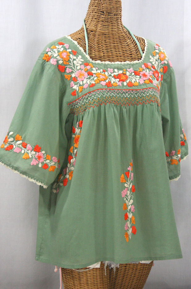 "La Marina" Embroidered Mexican Peasant Blouse - Sage Green + Orange Mix Embroidery