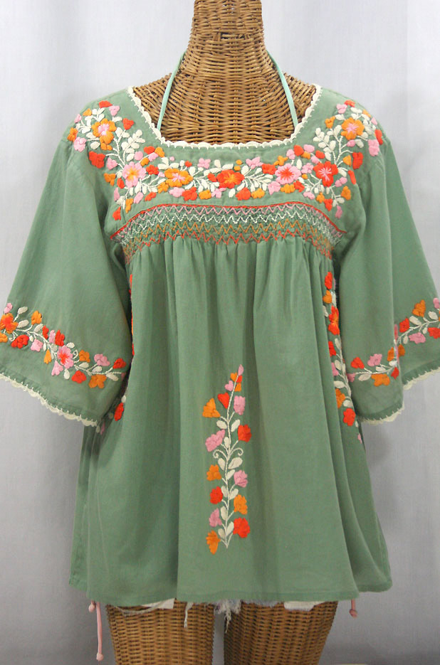 "La Marina" Embroidered Mexican Peasant Blouse - Sage Green + Orange Mix Embroidery