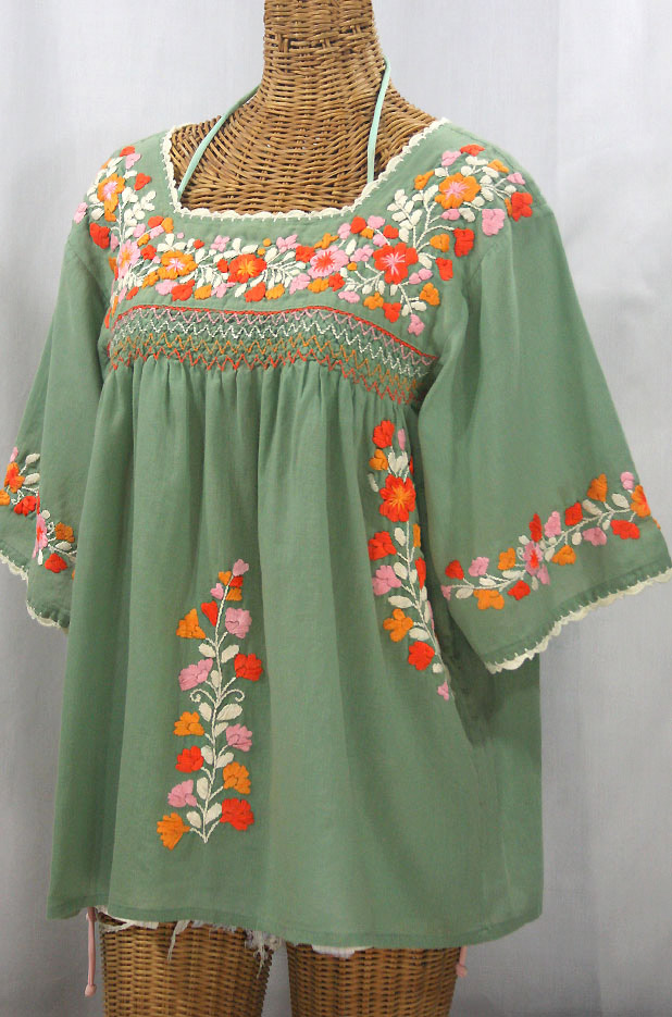 "La Marina" Embroidered Mexican Peasant Blouse - Sage Green + Orange Mix Embroidery