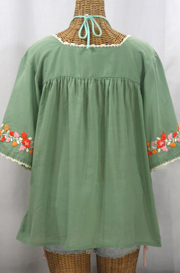 "La Marina" Embroidered Mexican Peasant Blouse - Sage Green + Orange Mix Embroidery