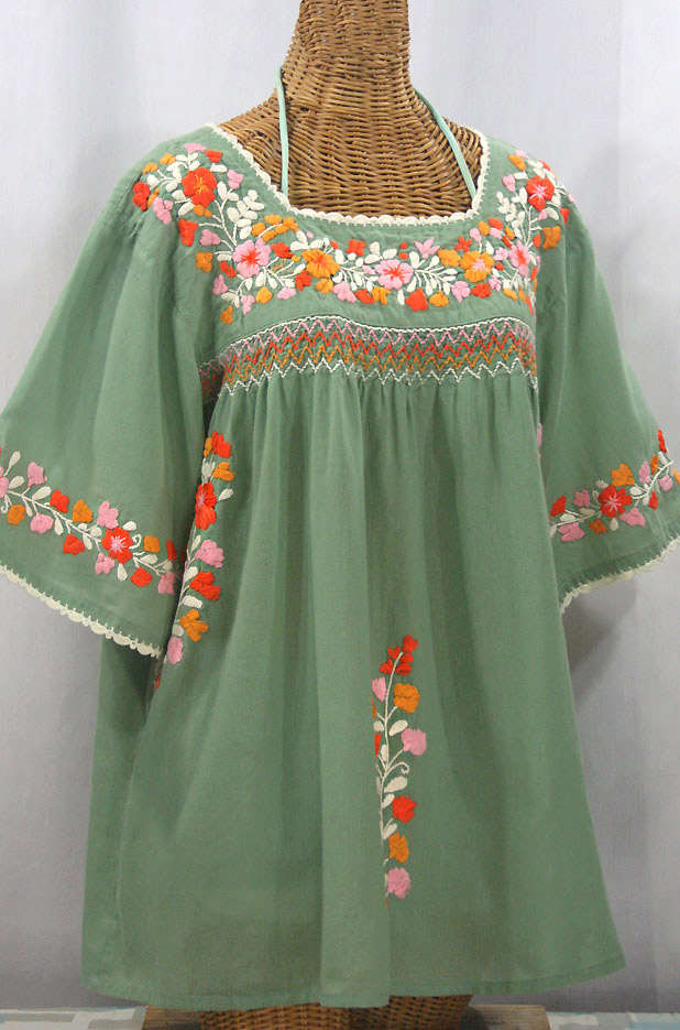 "La Marina" Embroidered Mexican Peasant Blouse - Sage Green + Orange Mix Embroidery