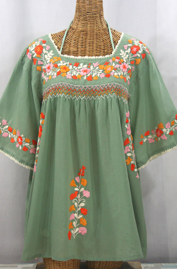 "La Marina" Embroidered Mexican Peasant Blouse - Sage Green + Orange Mix Embroidery