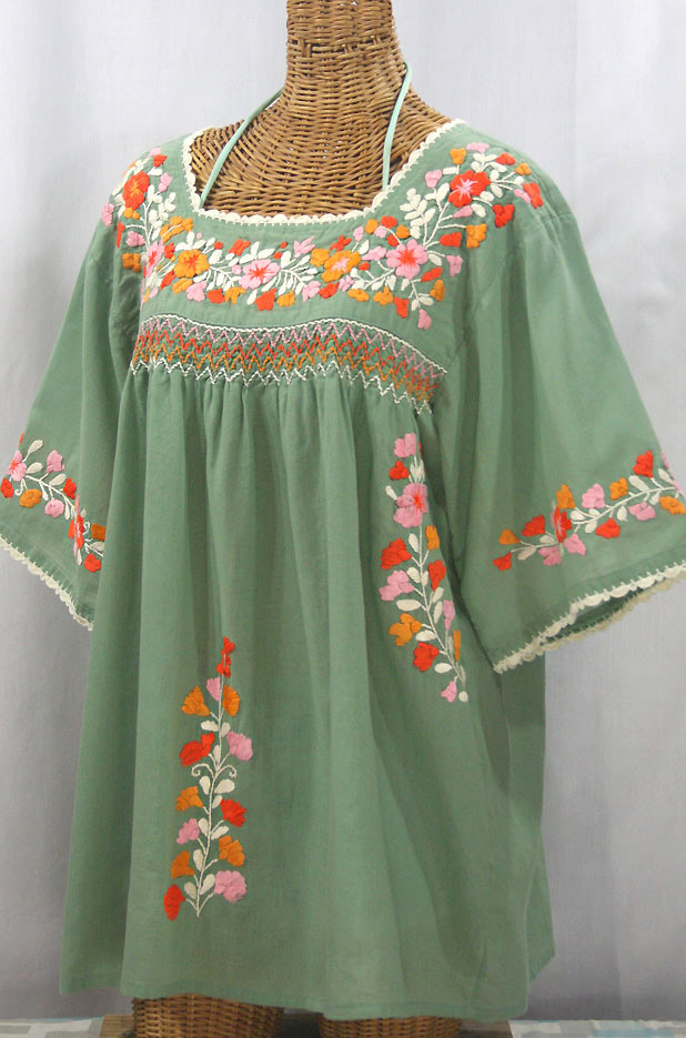 "La Marina" Embroidered Mexican Peasant Blouse - Sage Green + Orange Mix Embroidery